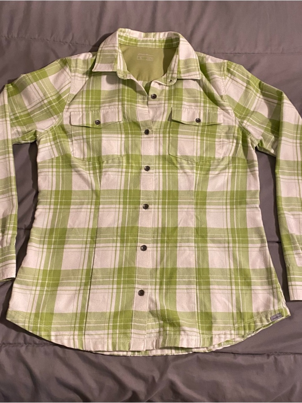 Eddie Bauer Light Green and White Plaid Flannel Button-Down Shirt